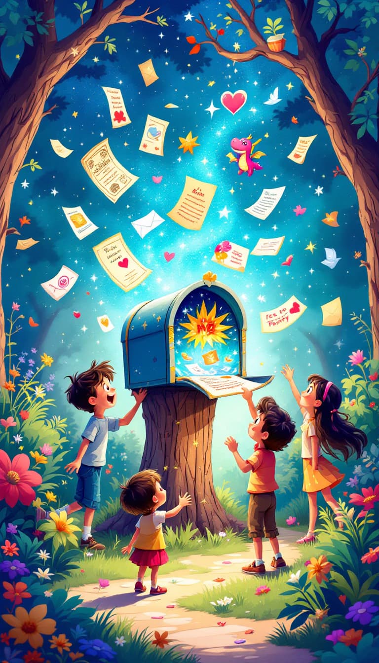 AI generated: vibrant illustration of a magical mailbox surrounded by excited children as they open it, Pixar-styl...
