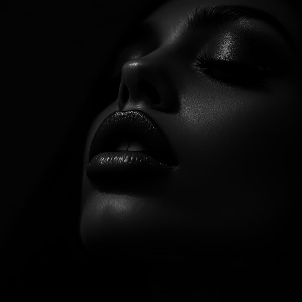 AI generated: A black and white photograph of the face of an attractive woman, focus on her lips, illuminated by d...