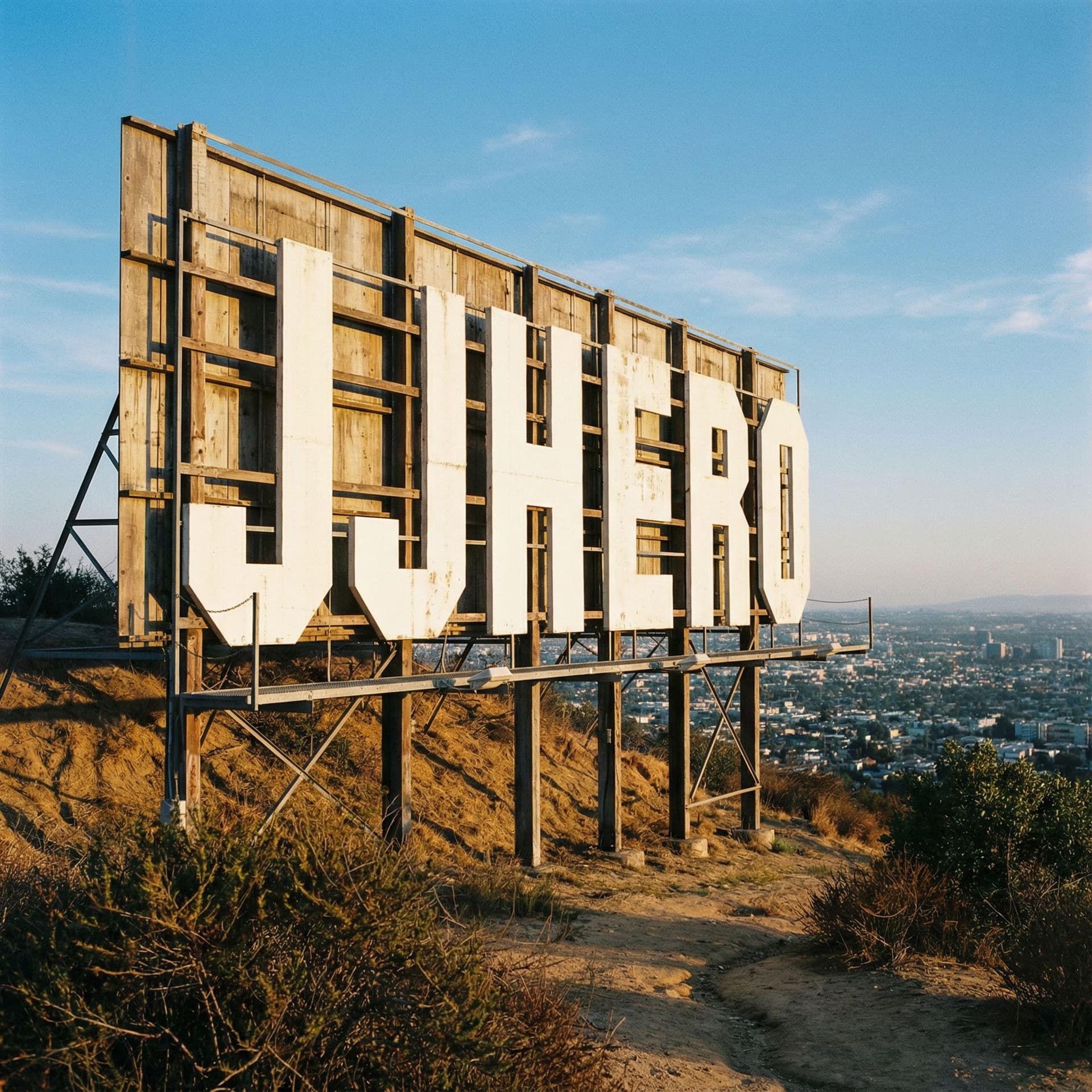AI generated: A photorealistic billboard that mimics the Hollywood signboard with the text “JJHero.”