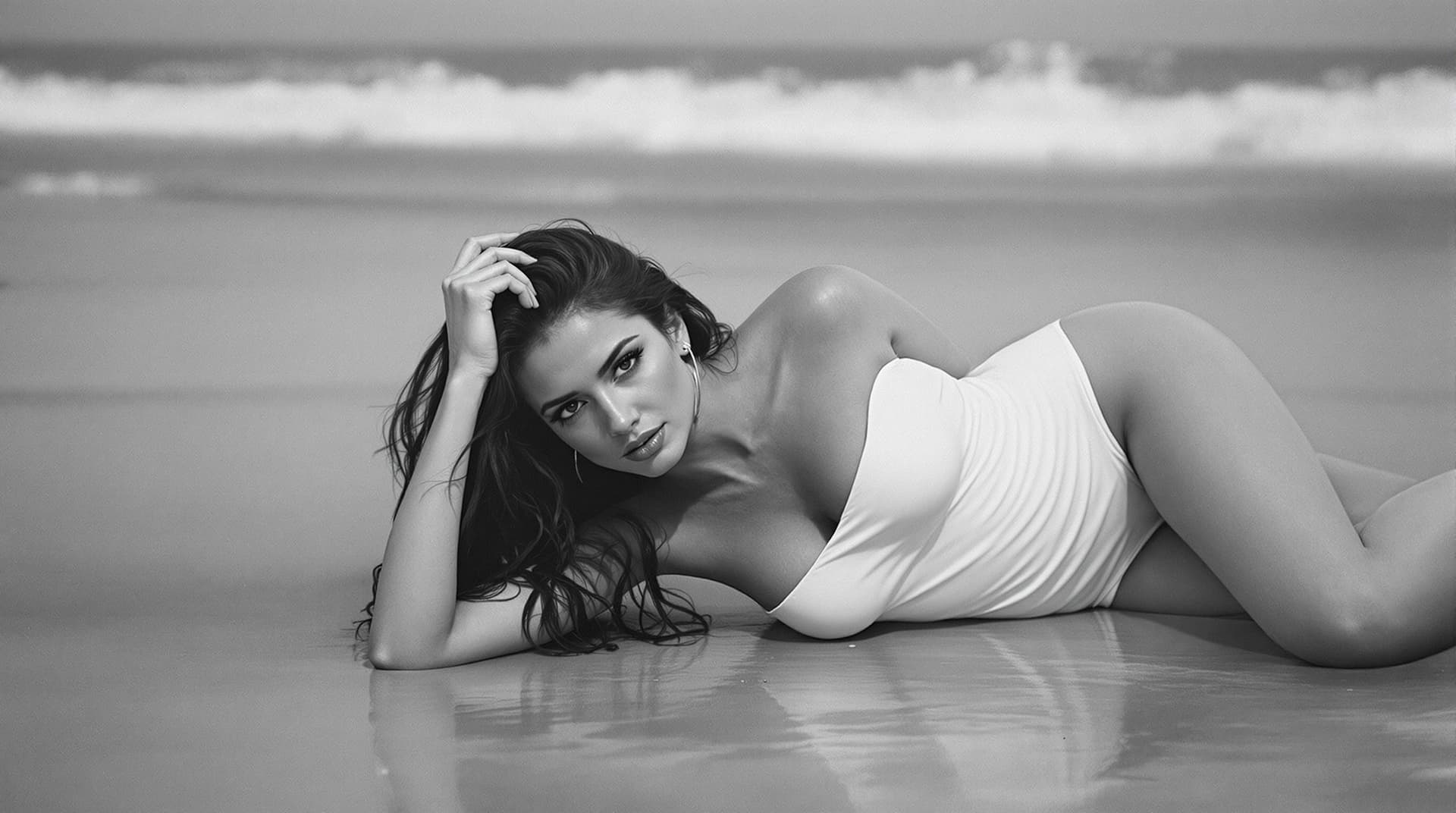 AI generated: a woman in a strapless white one piece bathing suit laying on the beach with her head resting on her...