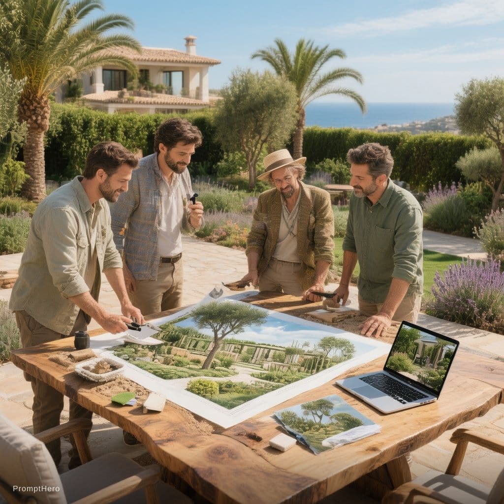 AI generated: Fotografía corporativa hiperrealista de alta gama para una empresa de jardinería y paisajismo en Ibi...