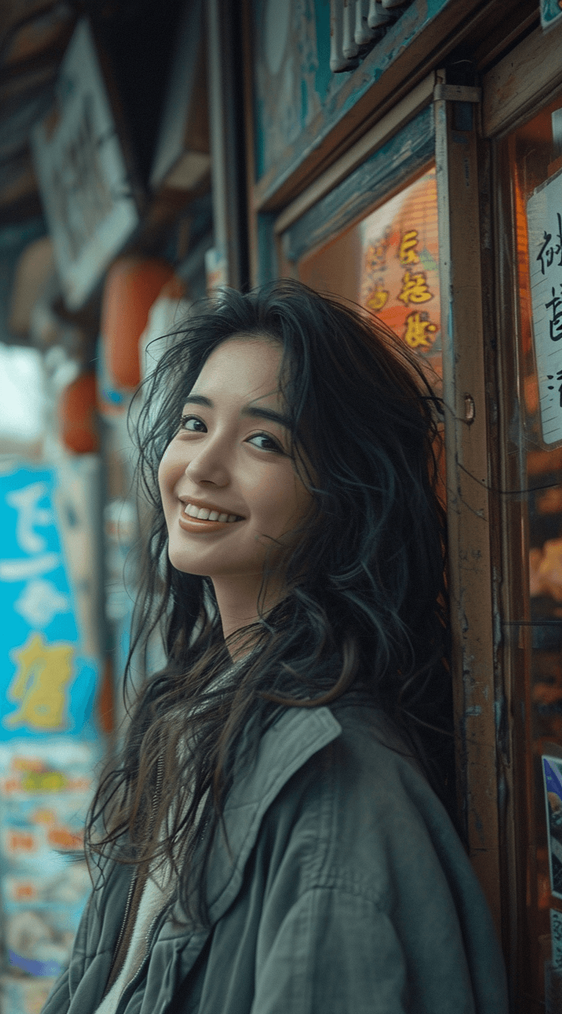 AI generated: a smiling woman standing in front of a shop, in the style of shige's visual aesthetic style, low spe...