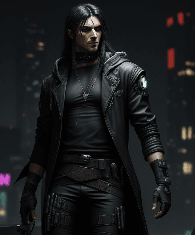 AI generated: Cyberpunk, robin hood, revolver, stylish,  dark clothes, black long hair, male, kapiszon, high resol...
