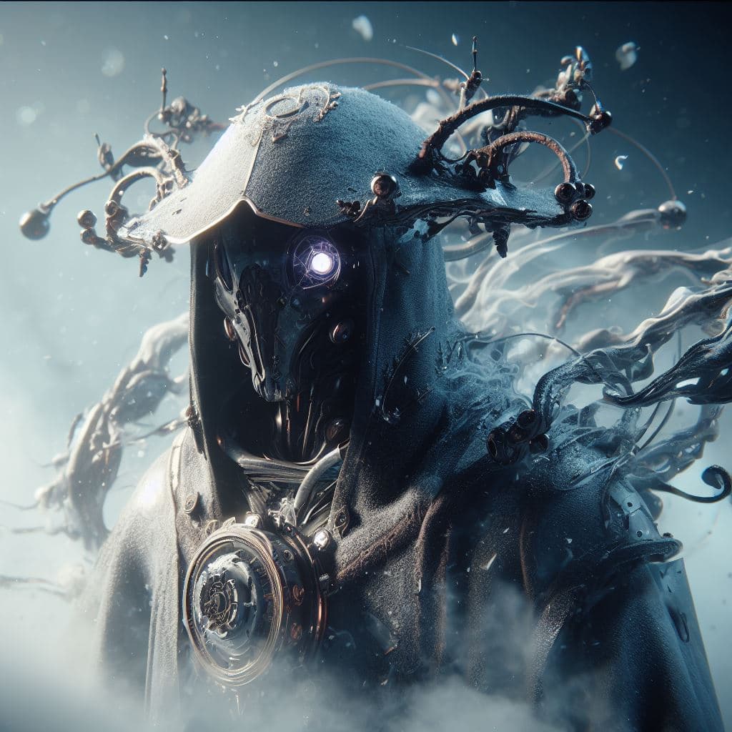AI generated: A character design of a void arcanist, surrounded by mist, in a photorealistic style, rendered with ...