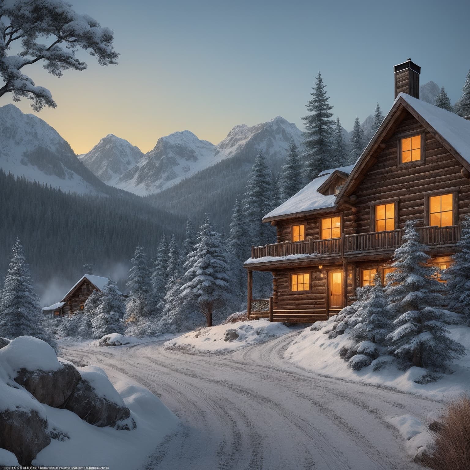 AI generated:  Fascinating digital painting featuring a cabin nestled on the mountainside in the midst of winter. ...