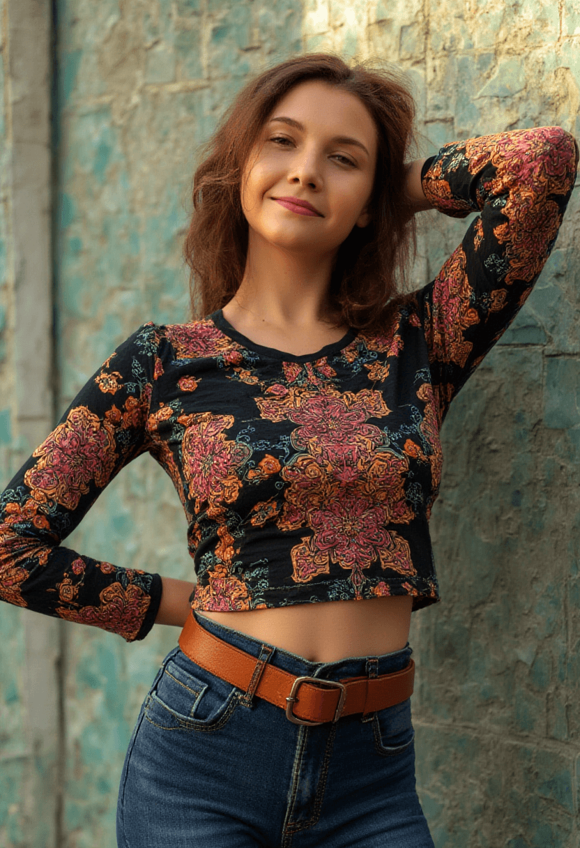 AI generated: Create a photorealistic image of a fit adult woman standing against a vibrant mosaic tile wall. She ...