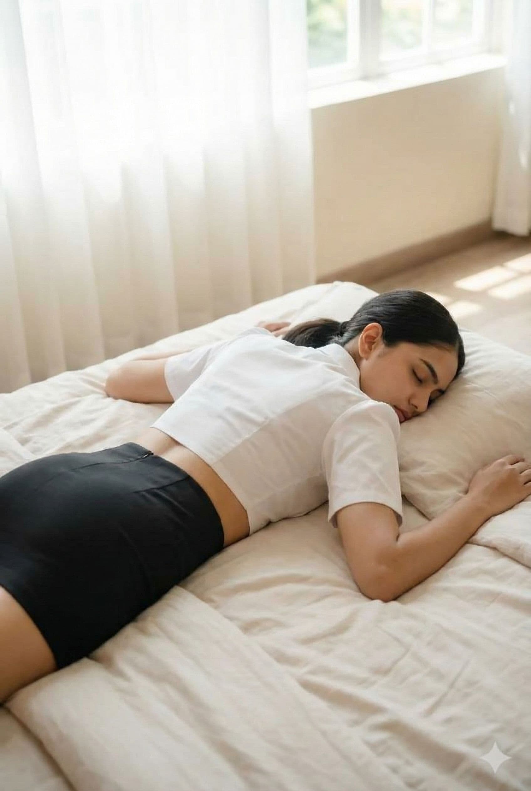 AI generated: This girl is sleeping lying face down on bed in this similar dress and showing her body back 