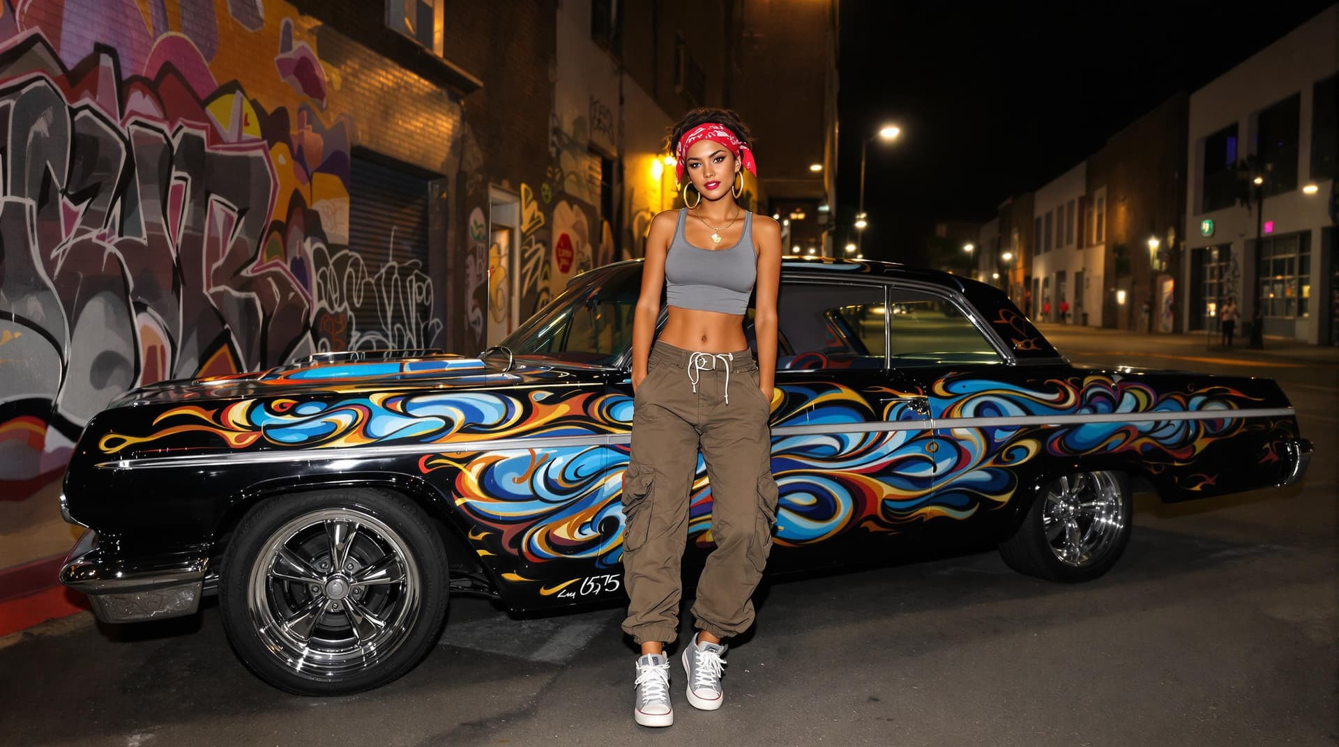 AI generated: A 22-year-old Latin-American girl with a confident, defiant expression. She wears a bandana tied aro...