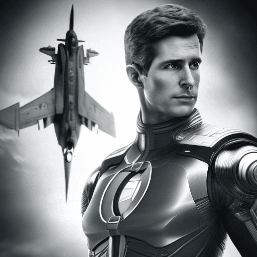 AI generated: Epic black and white photographic portrait of Captain Hal Jordan standing next to a fighter jet, acc...