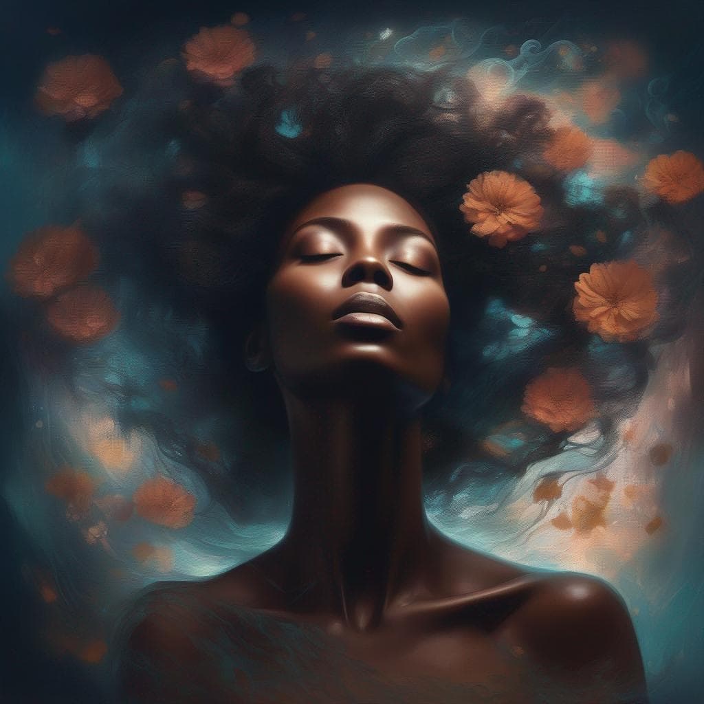 AI generated: A portrait of a black African woman floating in a dark void, eyes closed painterly style, masterpiec...