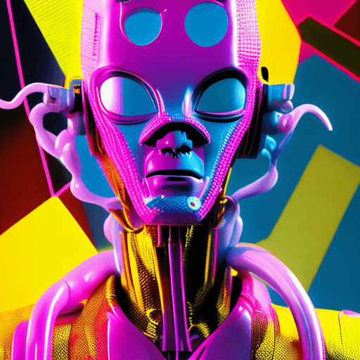 AI generated: a portrait photograph of an Alien with a plastic mask, in the style of pink yellow and blue, sin cit...