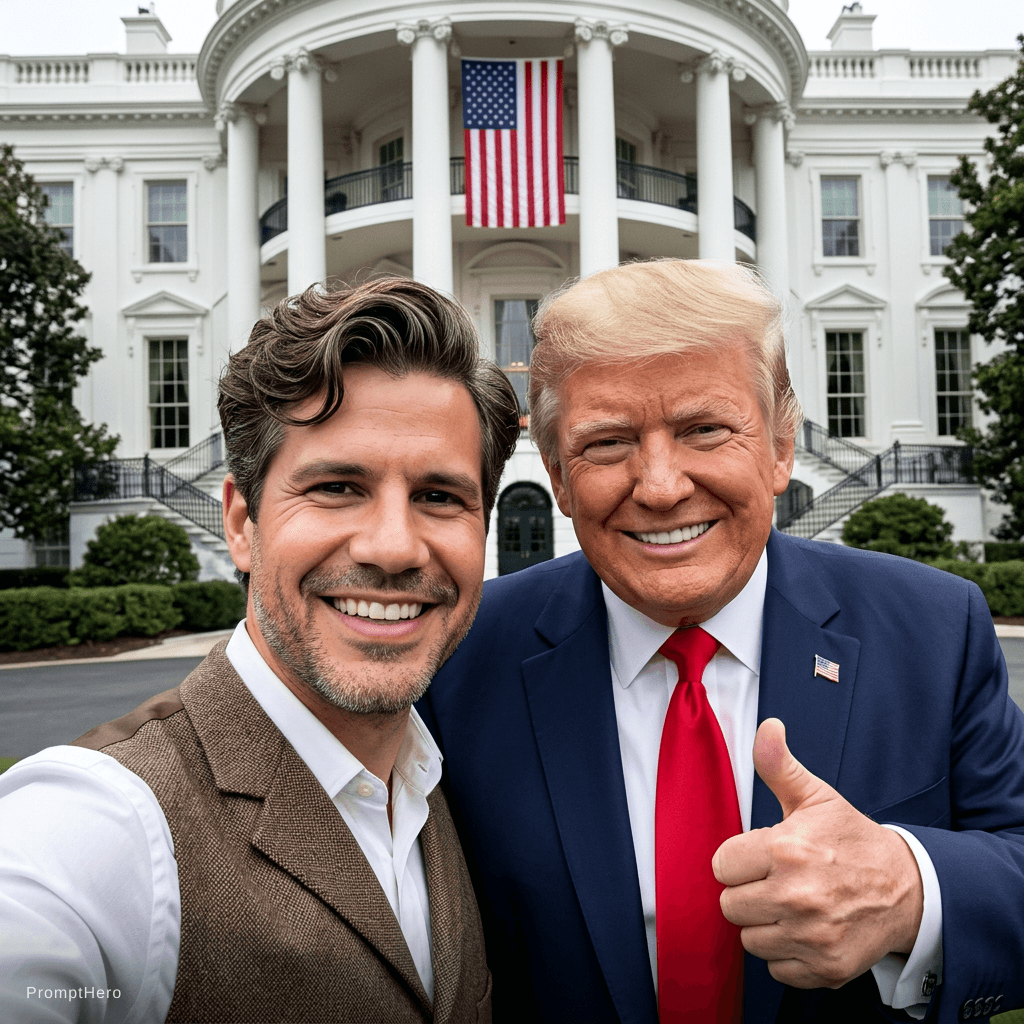AI generated: In a humorous and creative atmosphere, I want to take a selfie with the President of the United Stat...