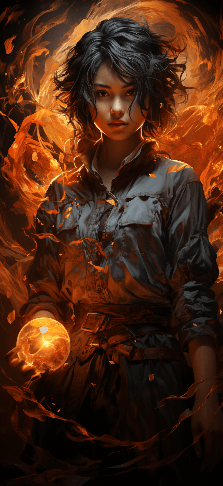 AI generated: anime character is jumping in the screen and holding fire, in the style of richly detailed genre pai...
