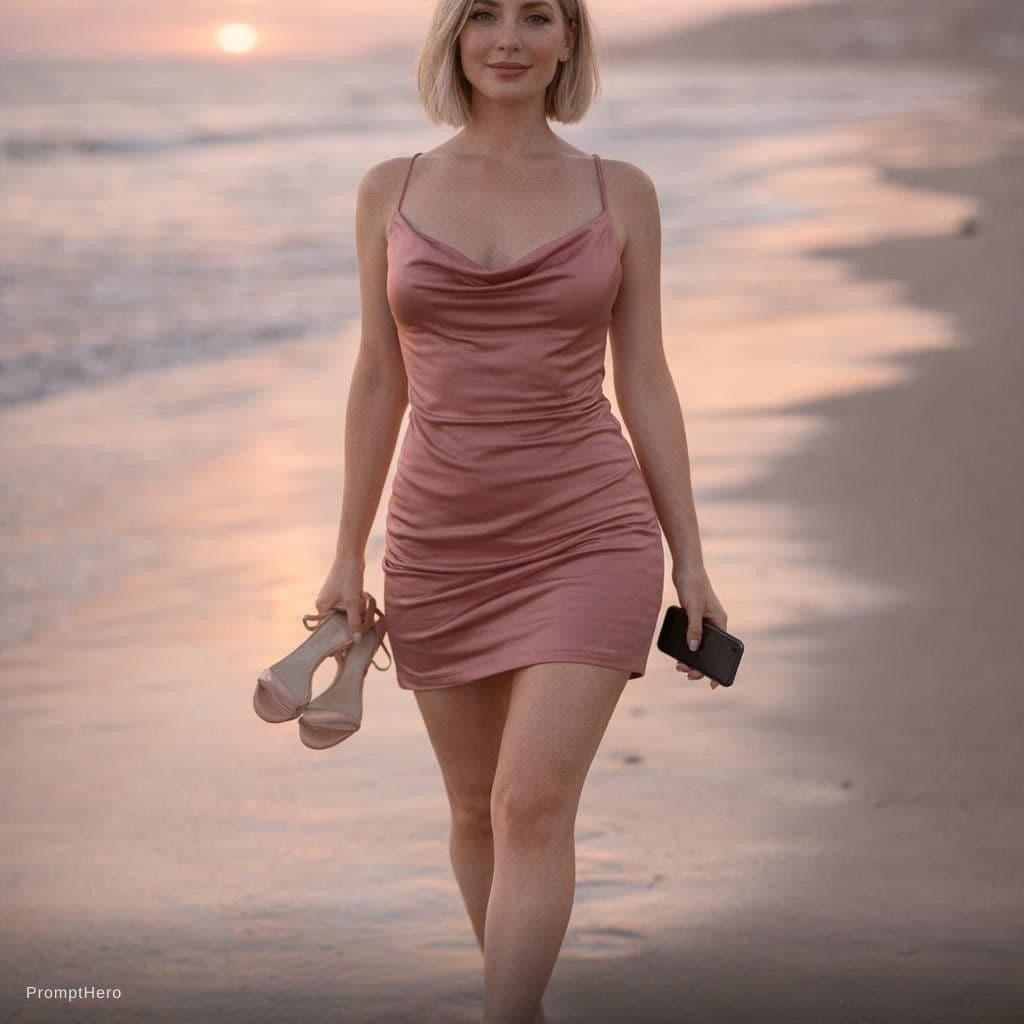 AI generated: Slavic Hot 33 year old Hot mom she Has tall Thick thighs posing while walking in a Beach during suns...