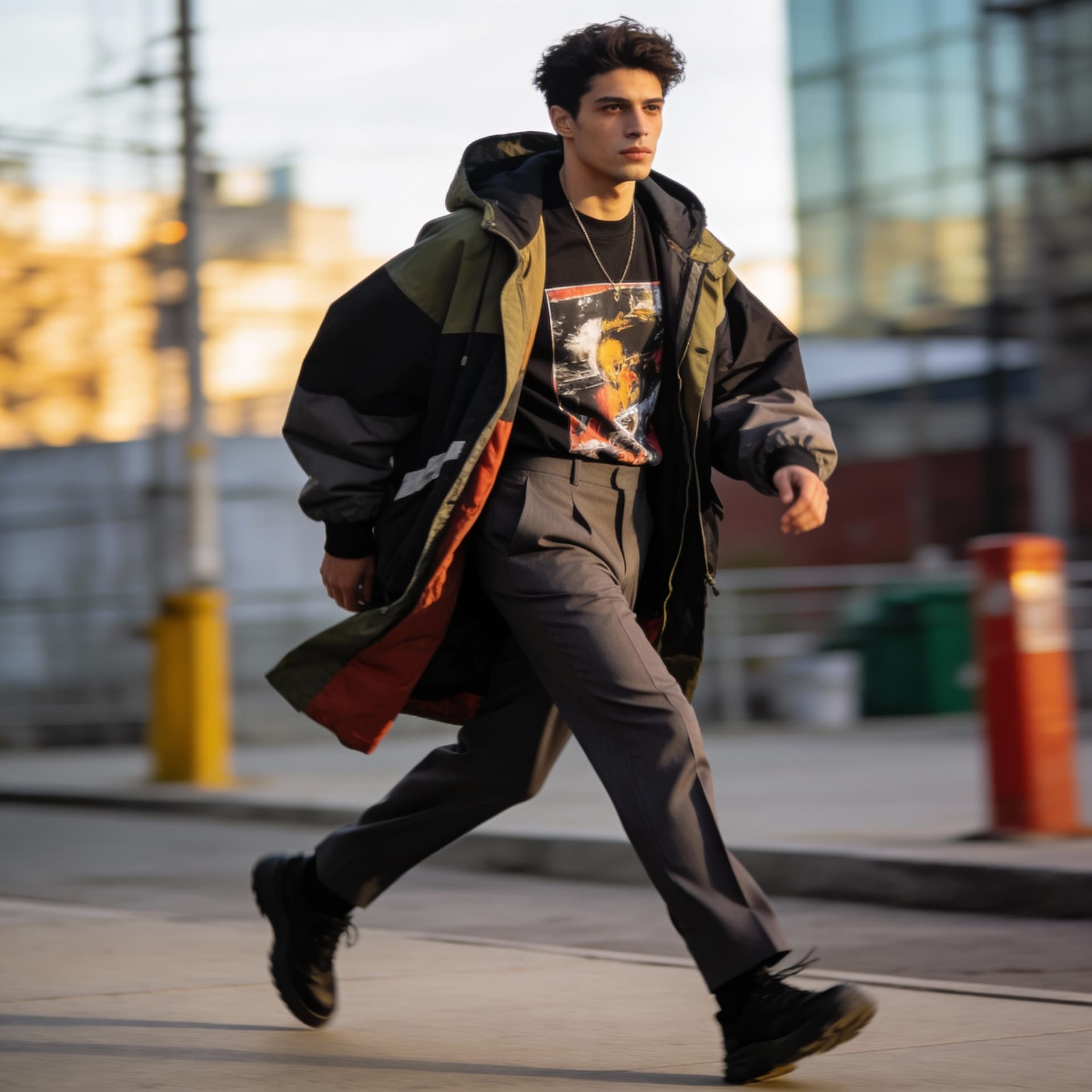 AI generated: Create a fashion image of a male model dressed in layered streetwear, including an oversized jacket,...