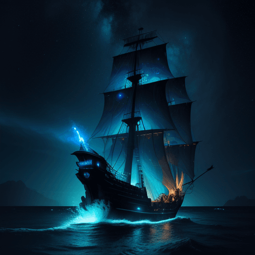 AI generated: (Pirate ship sailing into a bioluminescence sea with a galaxy in the sky), epic, 4k, ultra,
