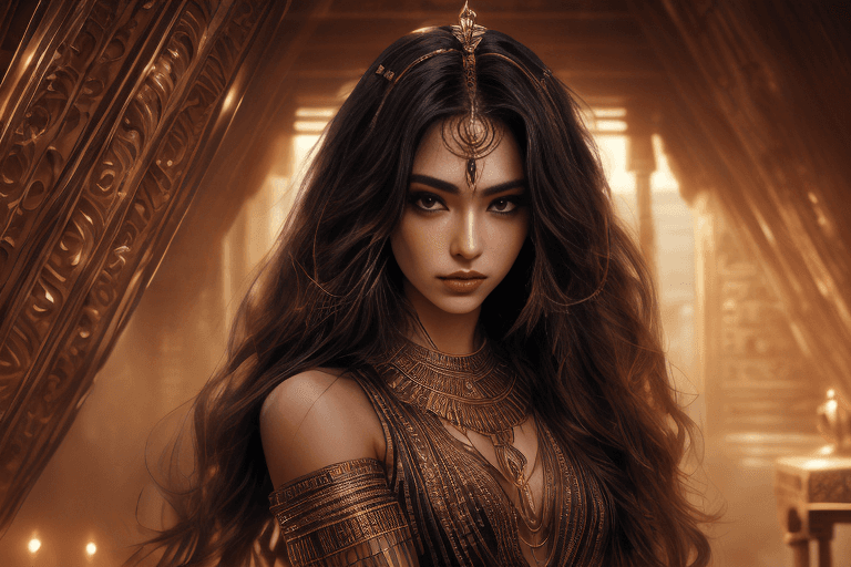 AI generated: (1girl), inside Temple of Anubis, praying, sarcophagus, ancient egyptian clothes, royal, incredibly ...