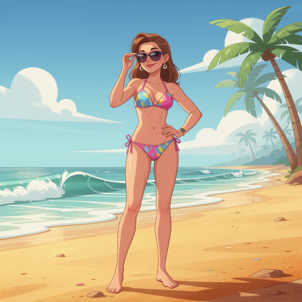 AI generated: make the woman in g string bikni cartoon type on beach