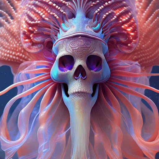 AI generated: Goddess close-up portrait ribcagel. jellyfish phoenix head, nautilus, orchid, skull, betta fish, bio...