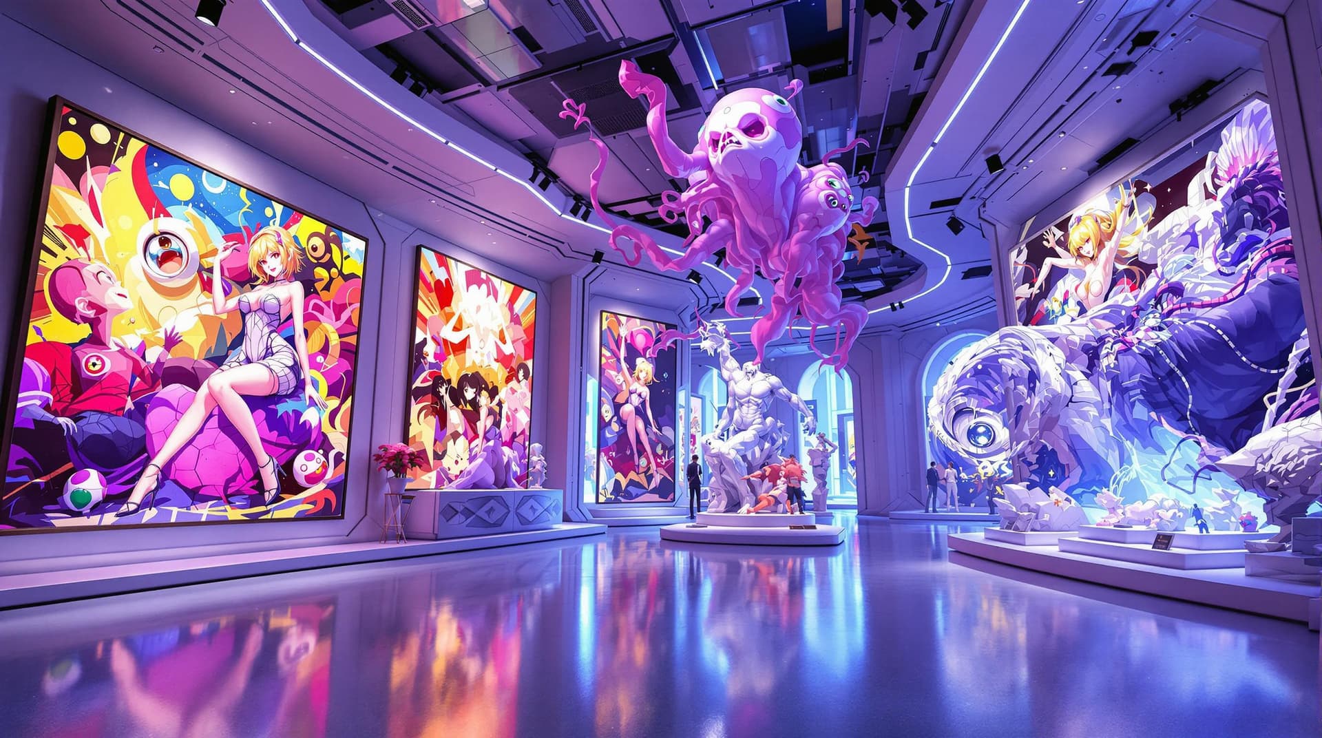 AI generated: A close-up view inside a futuristic virtual museum, showcasing anime-style art that is strange, weir...