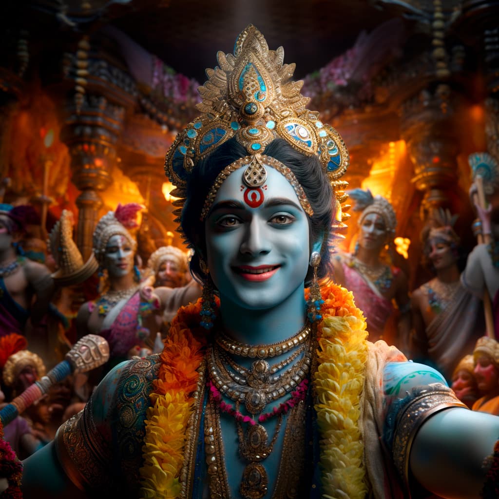AI generated: selfie, krishna with many gods of india, beautiful accurate face, full of colour, cinematic lighting...