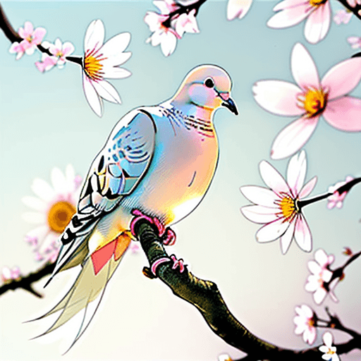 AI generated: Draw a beautiful and tranquil image of a dove perched on a branch, holding a flower in its beak. The...