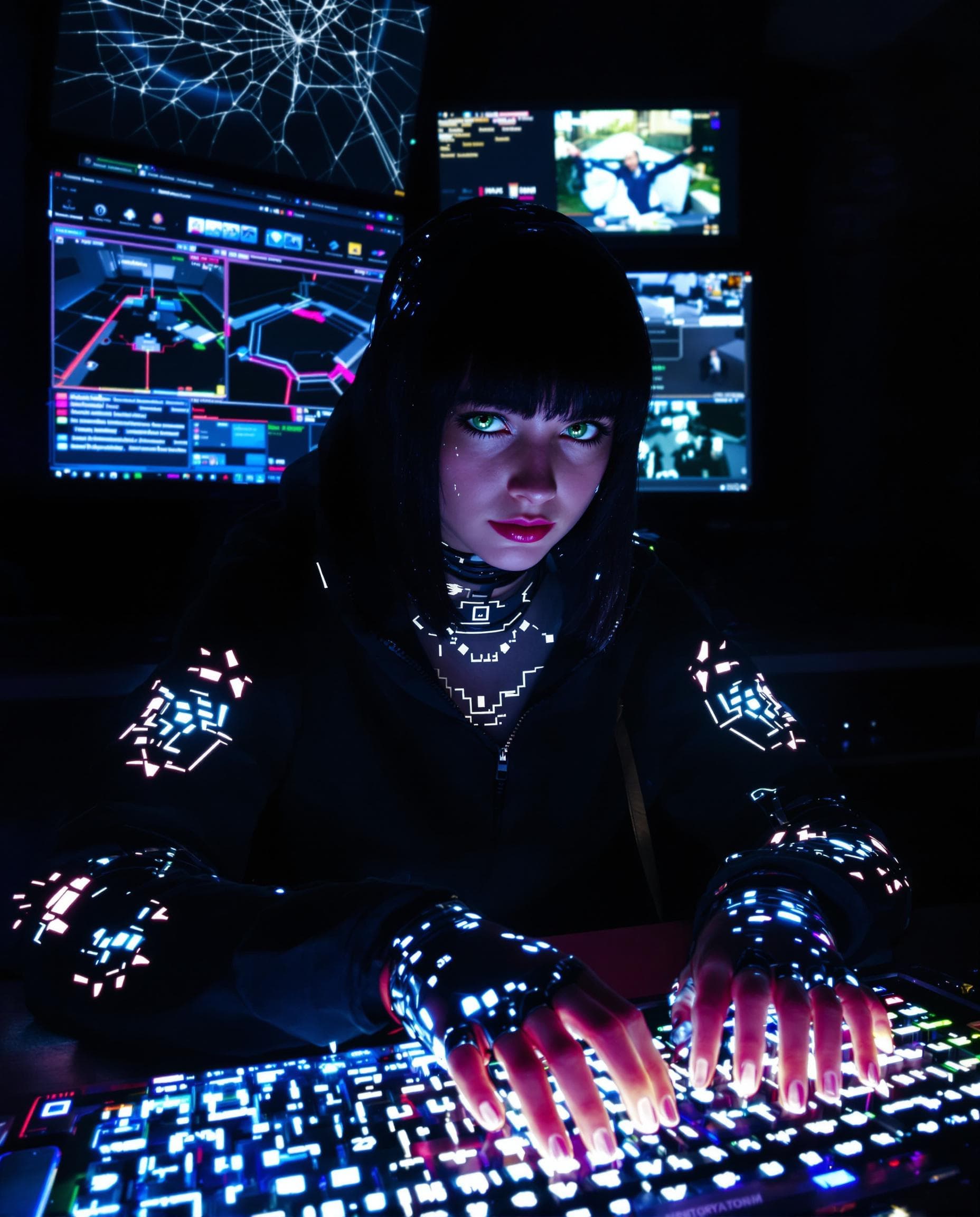 AI generated: A 21-year-old European girl sits in a dark room illuminated by the neon glow of holographic code. He...
