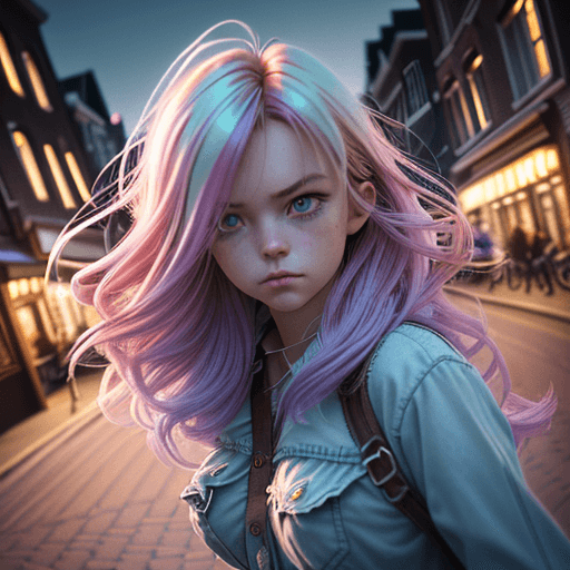 AI generated: (gradient hair, dutch angle:1.3), film grain, chromatic aberration, city centre, masterpiece, best q...