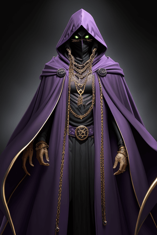 AI generated: Shadow wizard money gang, in purple cloak hood, dark face, gold chains and jewellery