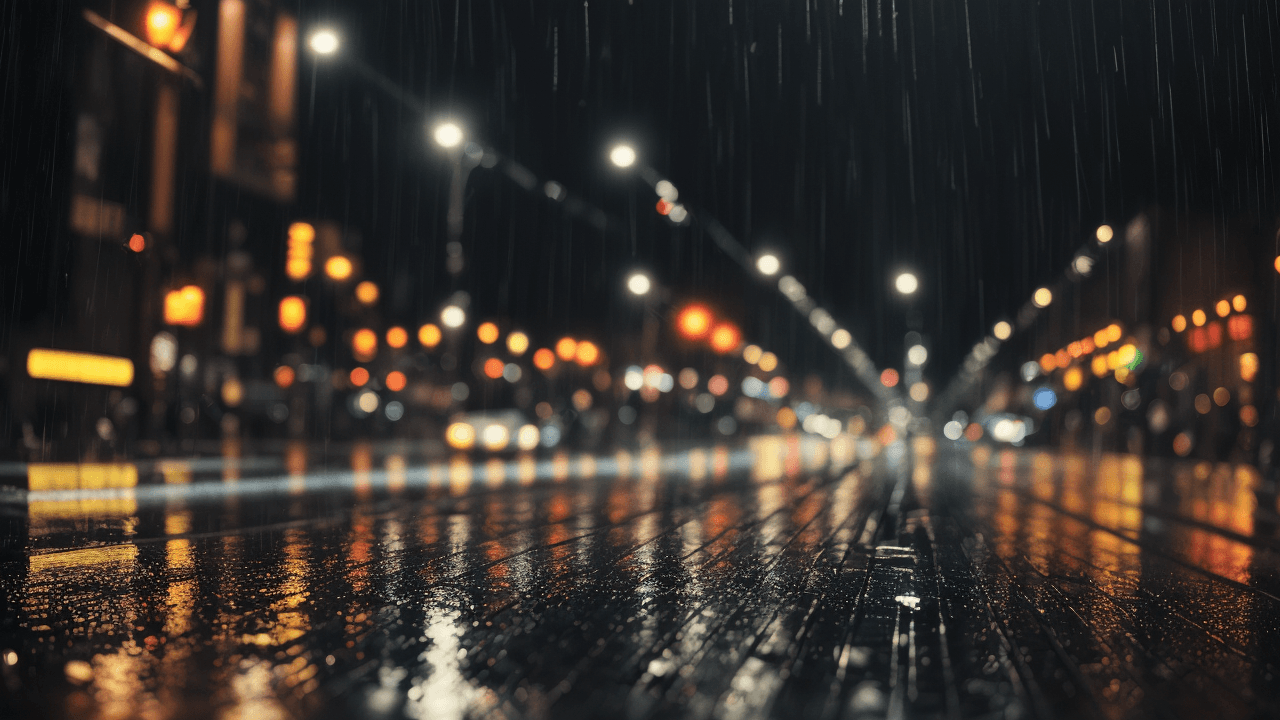 AI generated: photo of a busy street at night,raining,lights reflecting on wet pavement, bokeh