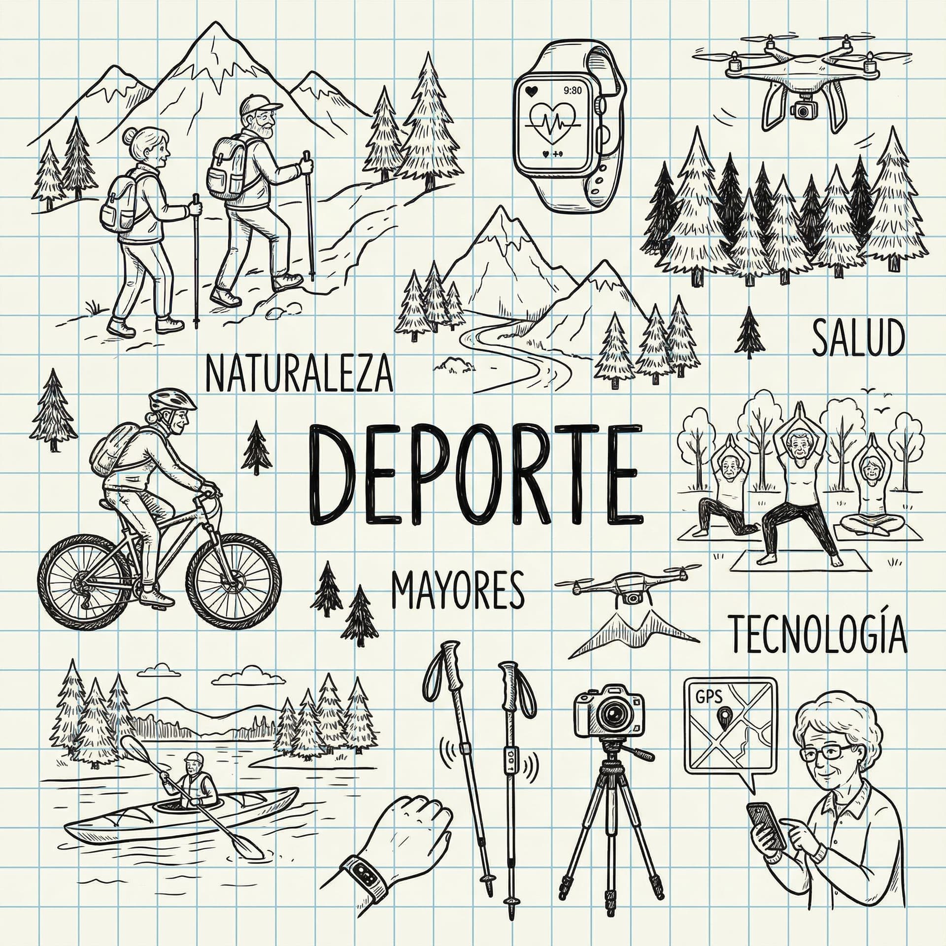 AI generated: haz ilstracion tipo la que te adjunto con cosas que sean de deporte que impliquen deporte, naturalez...