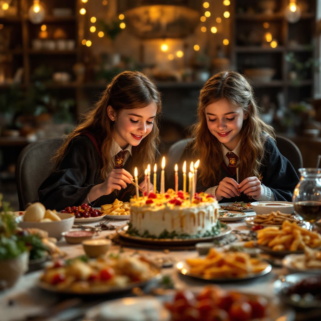 AI generated: two girls celebrating birthday over a big table with a lot of food, a feast and cake. and they are d...