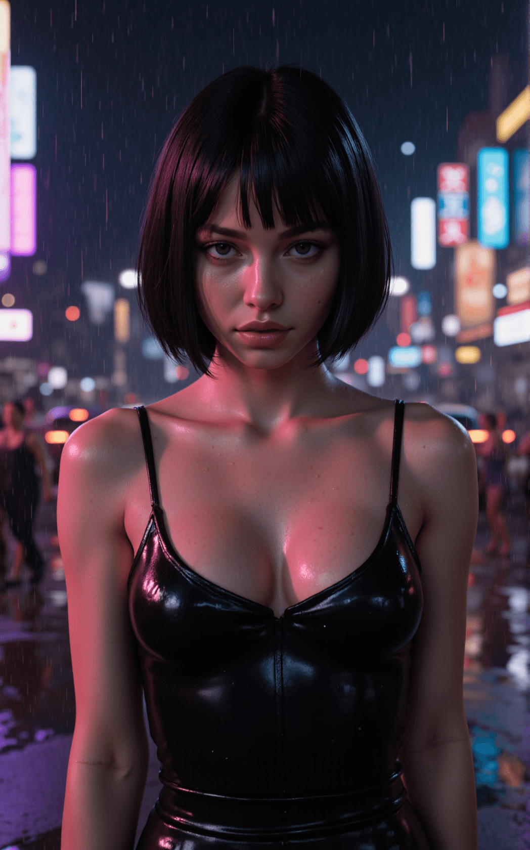 AI generated: Oily, glossy skin catches the rain as a young female stands in a neon-lit street at night, reflectio...