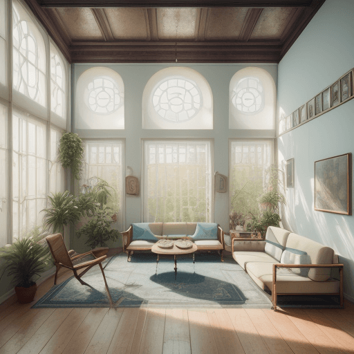 AI generated: High resolution photography interior design, dreamy sunken living room conversation pit, wooden floo...