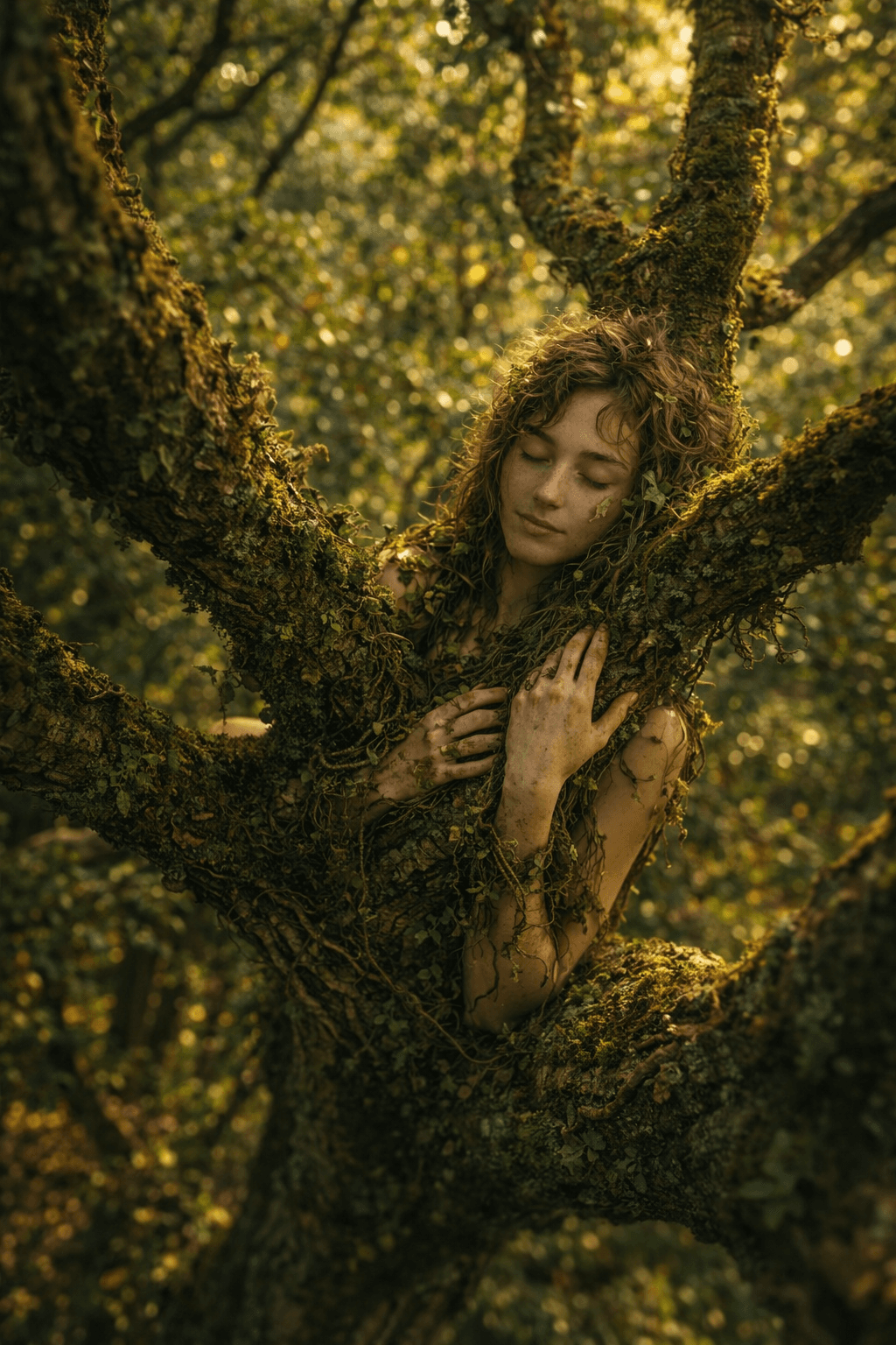 AI generated: A cinematic fine-art portrait of a young woman resting high in the canopy of an ancient tree, her bo...