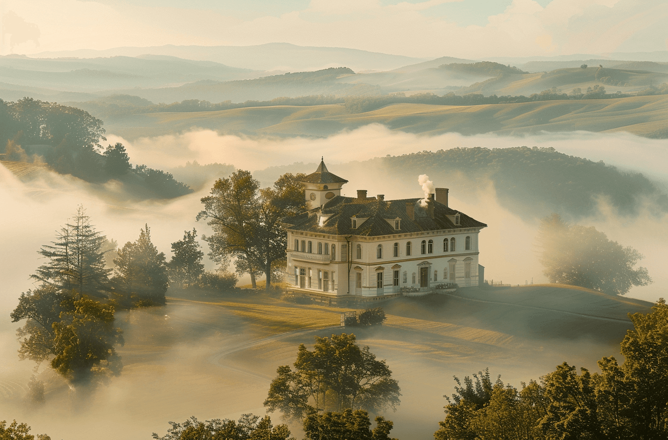 AI generated: the house on the fog, in the style of classical revival, pastoral charm, delicately rendered landsca...