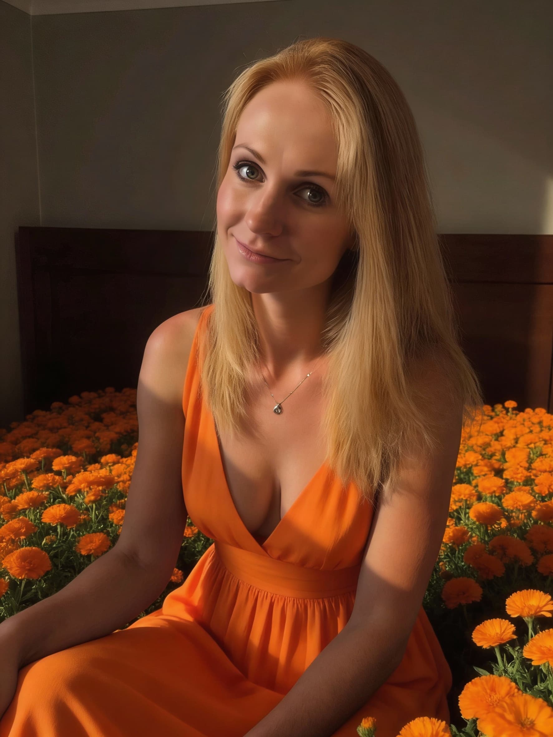 AI generated: beautiful fashion model with orange dress, and sitting on orange flowerbed