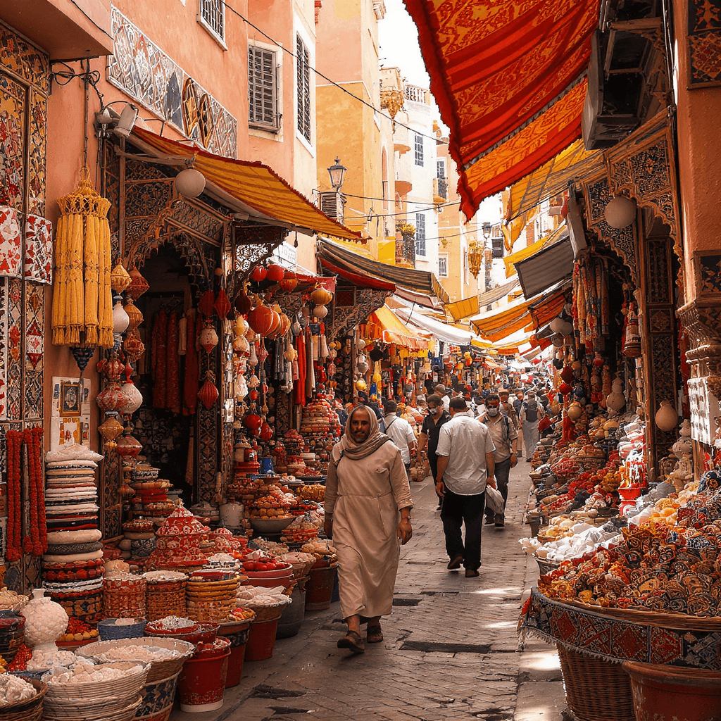 AI generated: Bustling Moroccan market with vibrant stalls, rich colors, 4k resolution, detailed patterns, traditi...