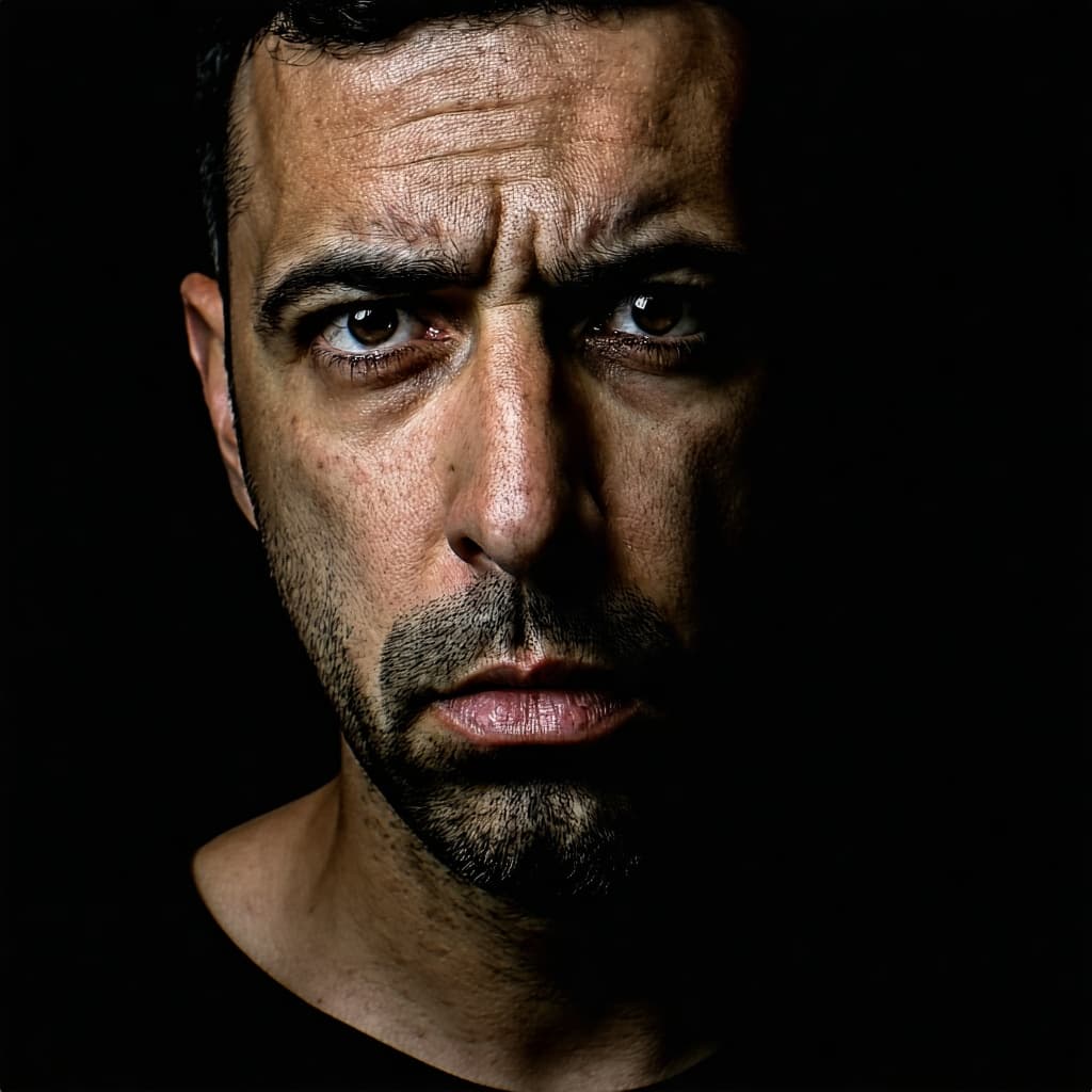 AI generated: Dramatic headshot portrait of an expressive man, including the neck and shoulders, photorealistic, s...