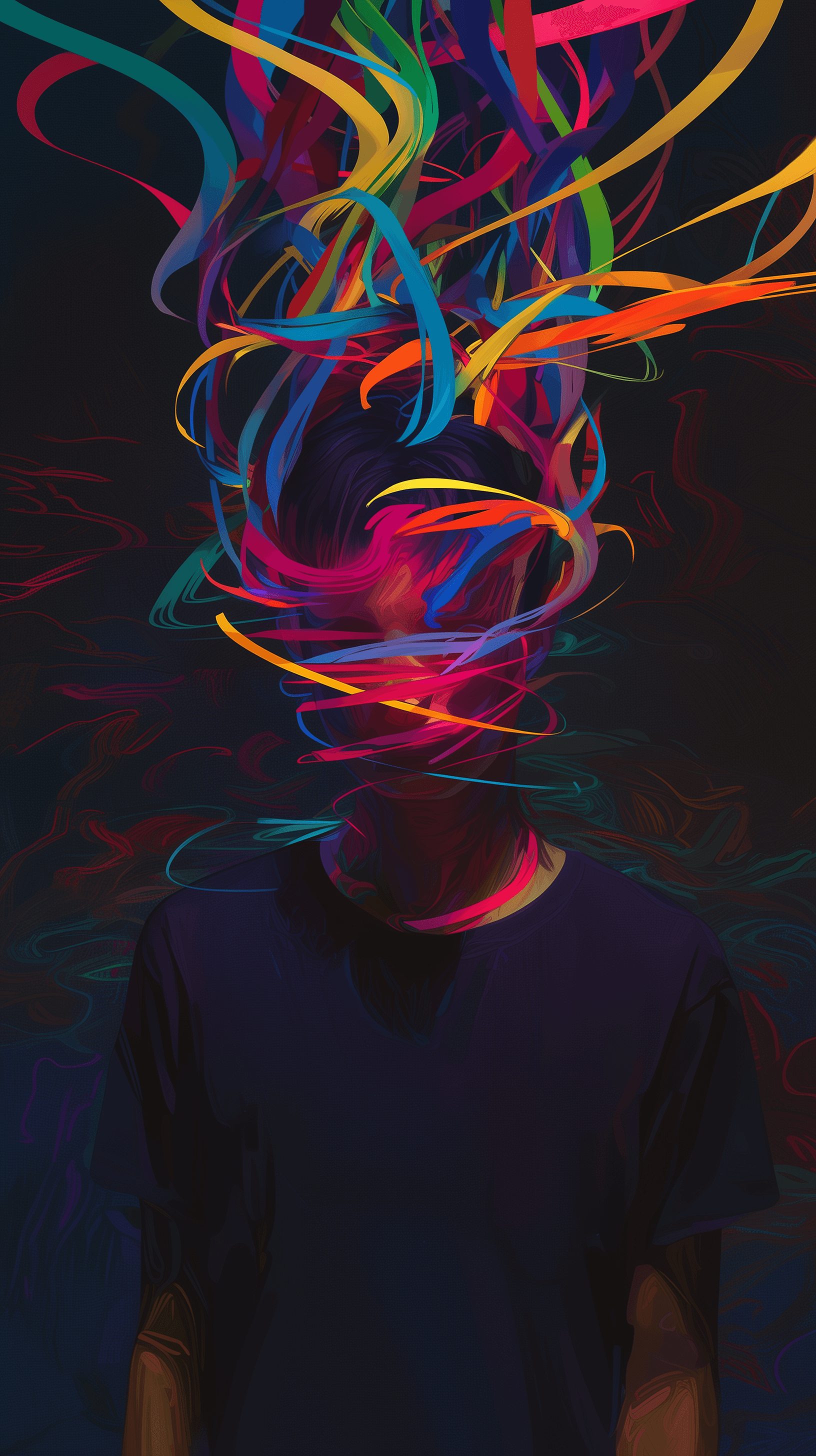 AI generated: digital art, portrait male figure, flat color, straight-on, focus on the upper body, whirl of abstra...