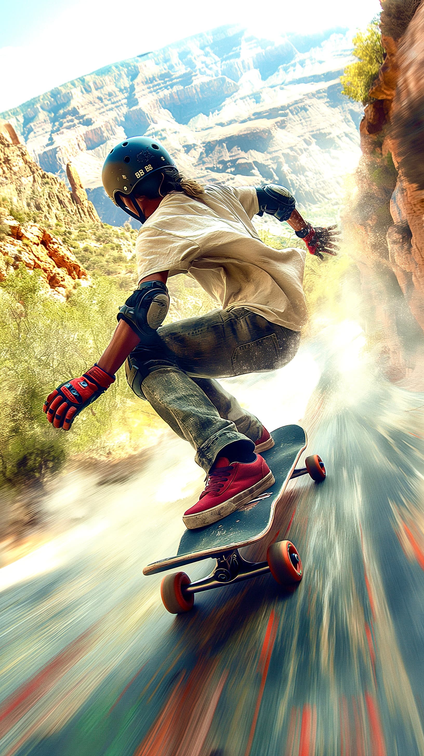 AI generated: artistic, rough painting art, extreme skate mountain, speed down hill, pro skateboarder, long board,...