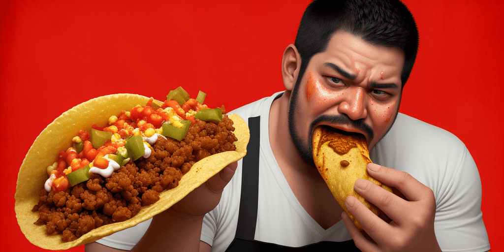 AI generated: A man joyfully munching on a very spicy, hot and big taco with a extremely high Scoville count, it m...