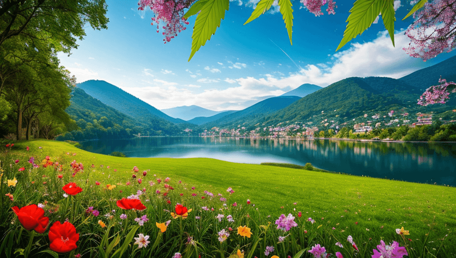 AI generated: landscape of bright green grass, colorful trees, glittering fruits, and bright flowers, the streams ...
