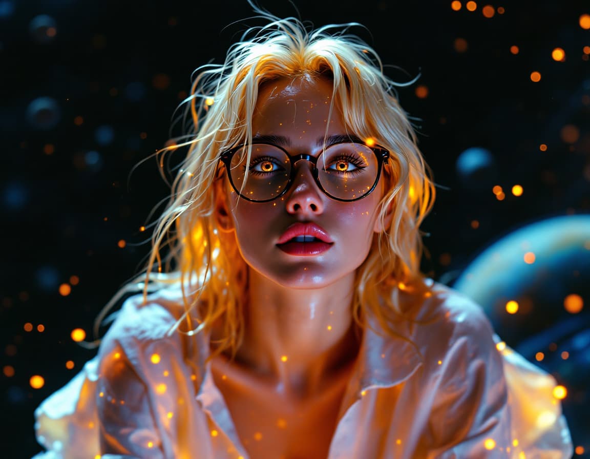 AI generated: A glowing skin girl, she has gold skin, golden eyes, wears nerdy glasses, is wearing a white wet shi...