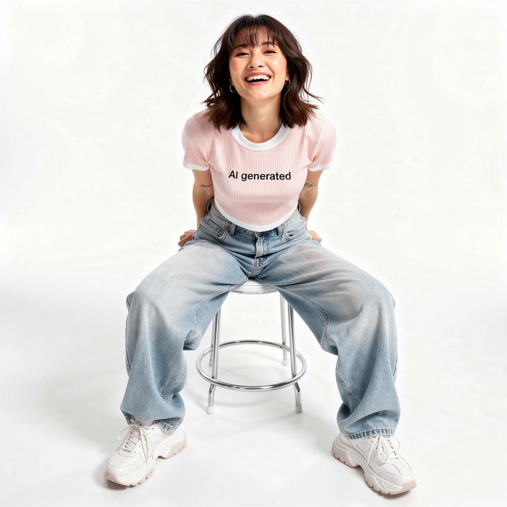 AI generated: A highly detailed, photorealistic, cinematic high-angle full-body studio shot of a cute and stylish ...