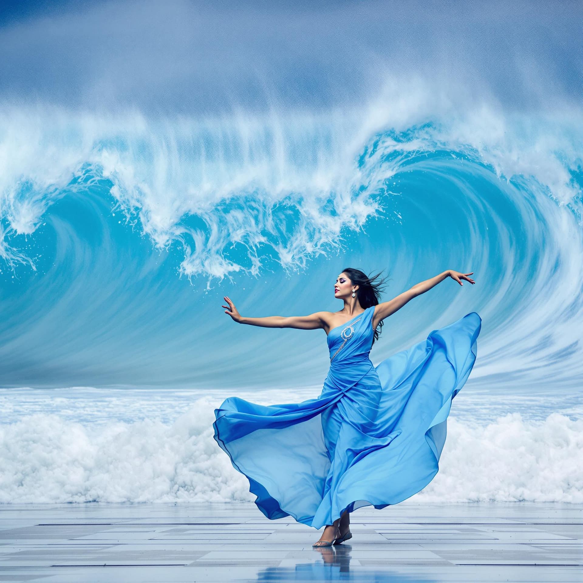 AI generated: The image features a Indian woman in a blue dress, gracefully dancing in front of a large wave. She ...