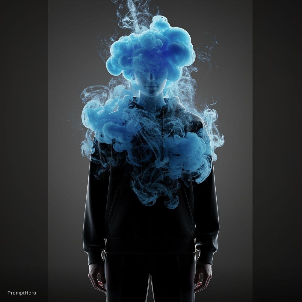 AI generated: photograph, front central shot, full-length, unknown gender figure, black and neon blue color palett...