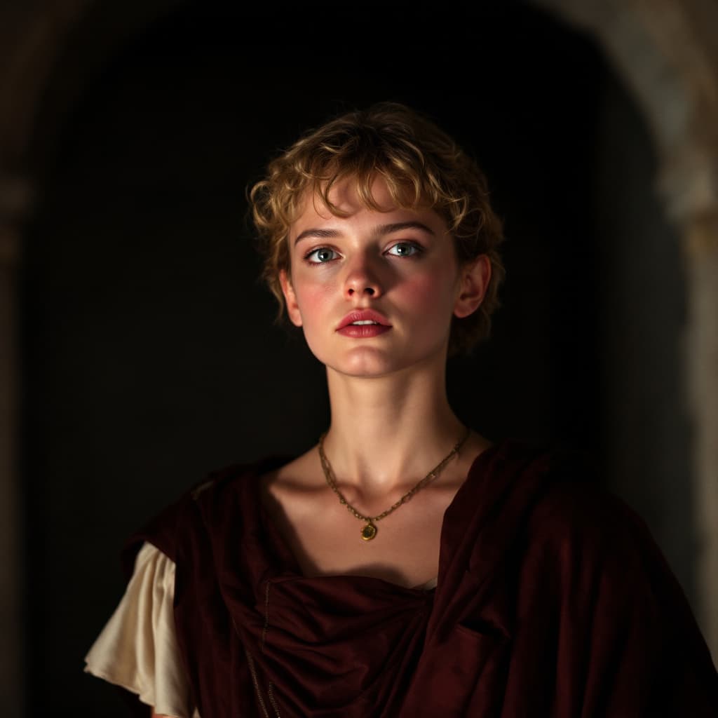 AI generated: Young Anneka Di Lorenzo in an outfit from the movie Caligula
