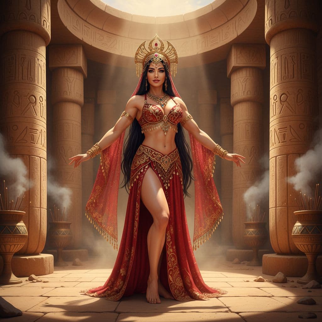 AI generated: In a vibrant desert temple adorned with ornate columns, stands a woman of exquisite beauty, her pres...