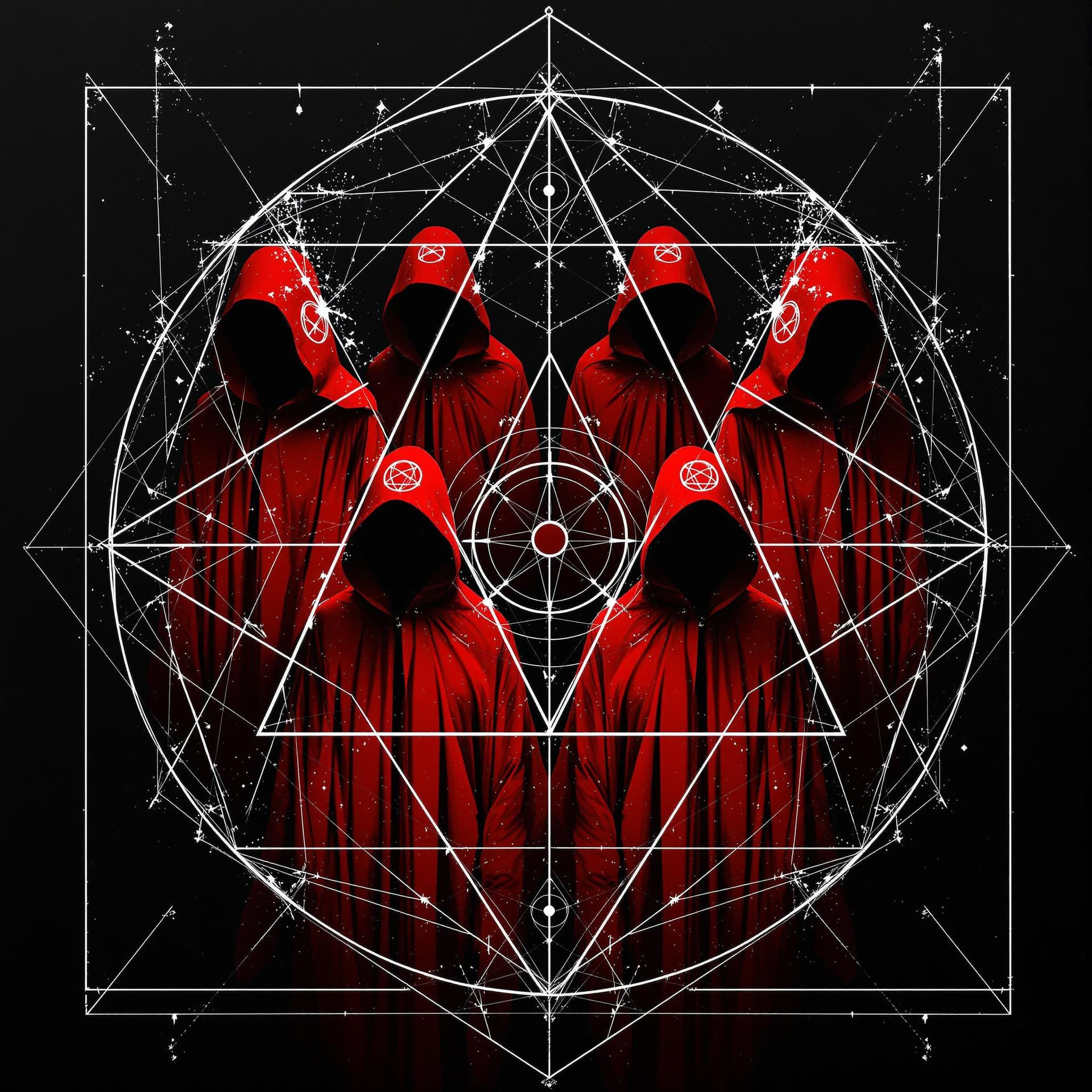 AI generated: Four figures, shrouded in crimson hooded robes, are arranged symmetrically around a central design o...